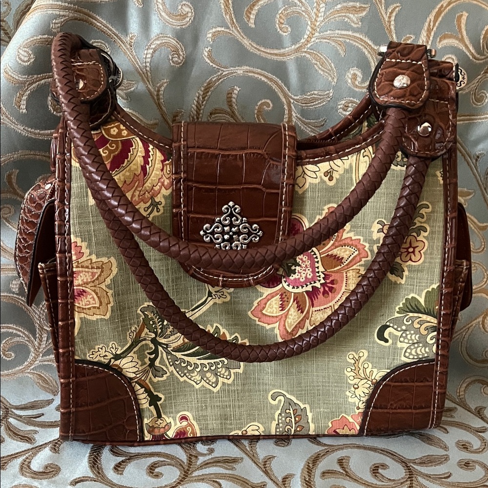Elegant Brown and Cream Floral Shoulder Bag